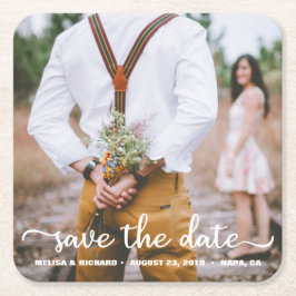 Porta-copo De Papel Quadrado Elegante Casal de Caligrafia Foto Save The Date