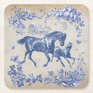 Porta-copo De Papel Quadrado Elegante Cavalos Azuis Vintage Floral