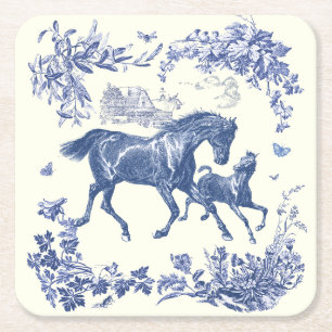 Porta-copo De Papel Quadrado Elegante Cavalos Azuis Vintage Floral