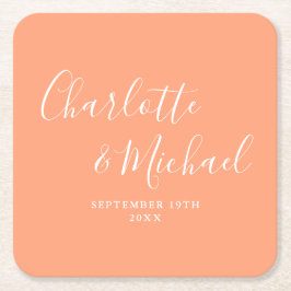 Porta-copo De Papel Quadrado Elegante Convite de Casamento em Script Pêssego