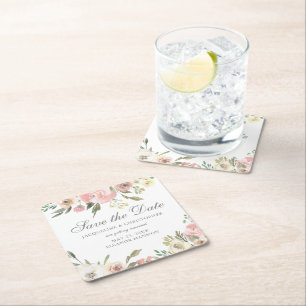 Porta-copo De Papel Quadrado Elegante cor-de-rosa marfim floral salva a data