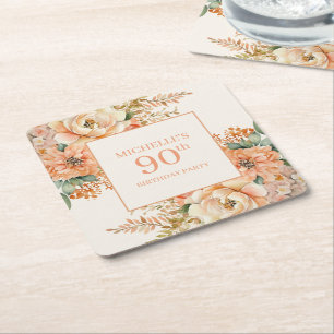 Porta-copo De Papel Quadrado Elegante Creme Floral 90 Birthday