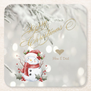 Porta-copo De Papel Quadrado Elegante Dourado Glitter Heart Snowman