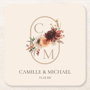 Porta-copo De Papel Quadrado Elegante Floral Burgundy de Casamento Quadrado de