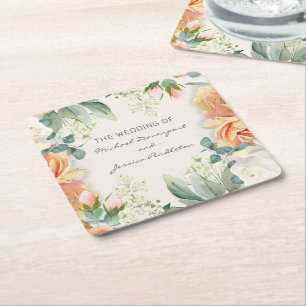 Porta-copo De Papel Quadrado Elegante Floral de Noiva Noivo Creme Pêssego