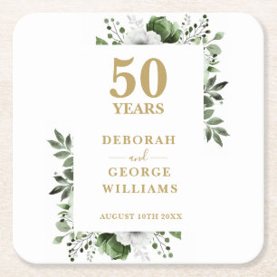 Porta-copo De Papel Quadrado Elegante Floral Dourado 50º Aniversário de Casamen