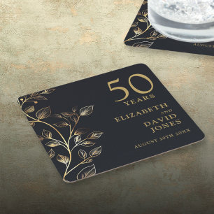 Porta-copo De Papel Quadrado Elegante Floral Dourado Bodas de 50 Anos de Casame