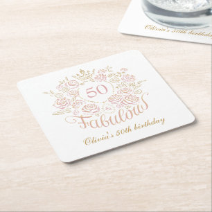 Porta-copo De Papel Quadrado Elegante Floral Rosa & Dourado 50 & Fabuloso Anive