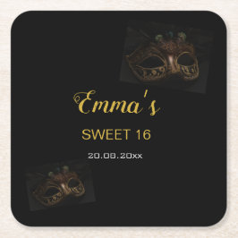 Porta-copo De Papel Quadrado Elegante Mascarada negro Dourado Doce 16.º Anivers