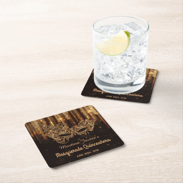 Porta-copo De Papel Quadrado Elegante Mascarada Quinceañera 15 Birthday (Insitu)