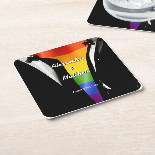 Porta-copo De Papel Quadrado Elegante Modern Gay Men Casando Rainbow (Inclinado)