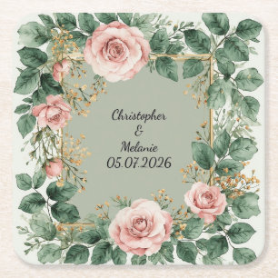 Porta-copo De Papel Quadrado Elegante Moldura Floral de Aquarela