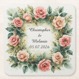 Porta-copo De Papel Quadrado Elegante Moldura Floral de Aquarela