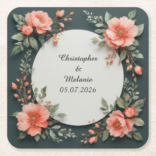 Porta-copo De Papel Quadrado Elegante Moldura Floral em Aquarela