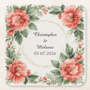 Porta-copo De Papel Quadrado Elegante Moldura Floral em Aquarela