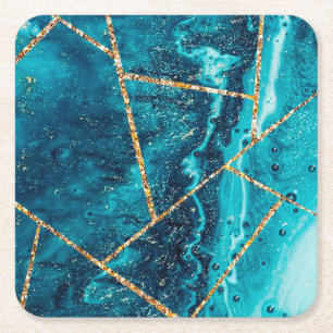 Porta-copo De Papel Quadrado Elegante Monograma Chic Geodo Ágata Dourada Azul-M