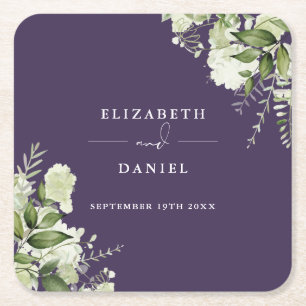 Porta-copo De Papel Quadrado Elegante Noiva Roxa Verde Floral Casamento