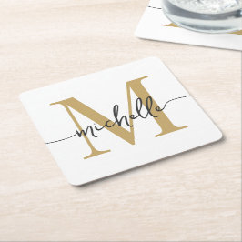 Porta-copo De Papel Quadrado Elegante Nome em Script Moderno de Ouro Branco