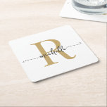 Porta-copo De Papel Quadrado Elegante Nome em Script Moderno de Ouro Branco<br><div class="desc">Elegante Moderno Feminino Branco e Dourado Monograma Inicial Nome Assinatura Rótulo Personalizado Quadrado de Papel para Copo. Este design apresenta seu primeiro nome em uma linda tipografia de letra manuscrita com cauda swash (ou caligrafia) com monograma inicial em dourado e preto sobre fundo branco. Fácil de personalizar. Ótimo presente feminino...</div>