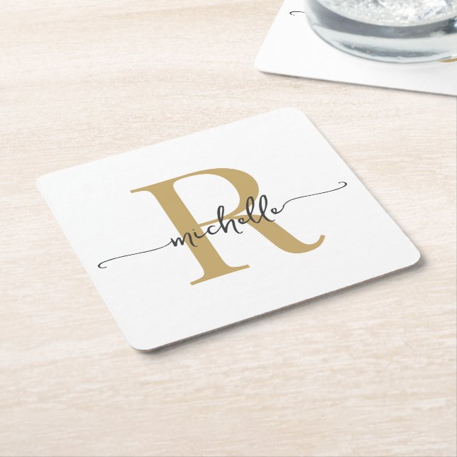 Porta-copo De Papel Quadrado Elegante Nome em Script Moderno de Ouro Branco (Inclinado)