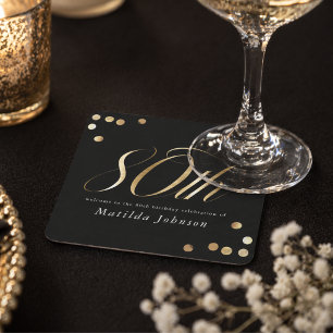 Porta-copo De Papel Quadrado Elegante Preto e Dourado Aniversário de 80 Anos