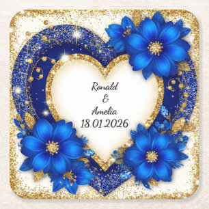 Porta-copo De Papel Quadrado Elegante Quadro de Coração Azul e Dourado
