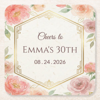 Porta-copo De Papel Quadrado Elegante Rosa Coral Floral Aniversário Dourado Ros