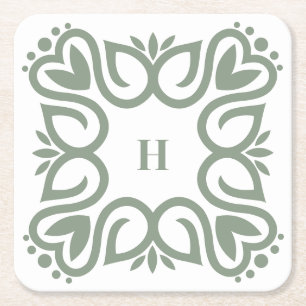 Porta-copo De Papel Quadrado Elegante Rótulo de Monograma Verde Sage Poeirento