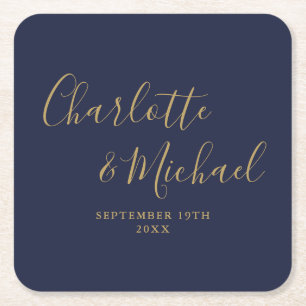 Porta-copo De Papel Quadrado Elegante Script Assinatura Azul Marinho Dourado Ca
