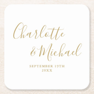 Porta-copo De Papel Quadrado Elegante Script Assinatura Casamento Dourado