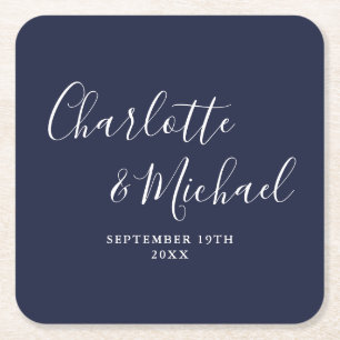 Porta-copo De Papel Quadrado Elegante Script de Assinatura Casamento Azul Marin