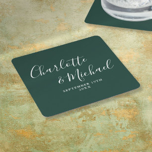 Porta-copo De Papel Quadrado Elegante Script de Assinatura Casamento Verde Esme
