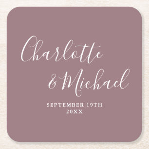 Porta-copo De Papel Quadrado Elegante Script de Assinatura Roxo Casamento