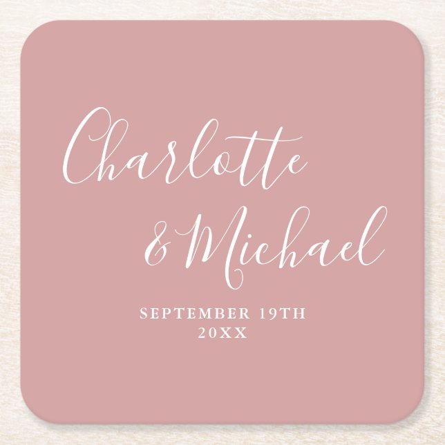 Porta-copo De Papel Quadrado Elegante Script Dusty Rose Casamento (Frente)
