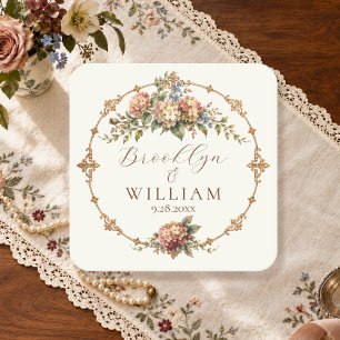 Porta-copo De Papel Quadrado Elegante Script Floral Vitória Burgundy Beijo