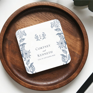 Porta-copo De Papel Quadrado Elegante Toalha Francesa Esboço Casamento Azul Poe