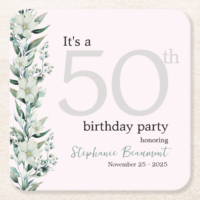 Porta-copo De Papel Quadrado Elegante Wildflower Pink Surpresa 50th Birthday Na (Frente)