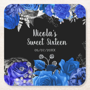 Porta-copo De Papel Quadrado Elegantes Flores Azuis e Prata Sweet Sixteen