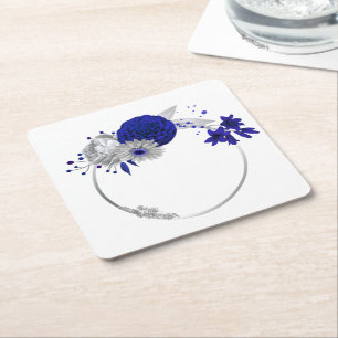 Porta-copo De Papel Quadrado elegantes flores azul reale prata