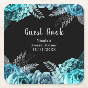 Porta-copo De Papel Quadrado Elegantes Flores Azul Turquesa e Prata Sweet Sixte