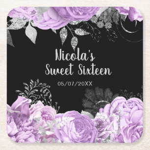 Porta-copo De Papel Quadrado Elegantes Flores Lilás e Prata Sweet Sixteen