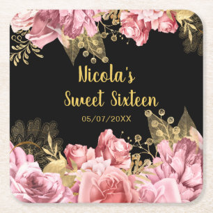 Porta-copo De Papel Quadrado Elegantes Flores Rosa e Dourado Sweet Sixteen 