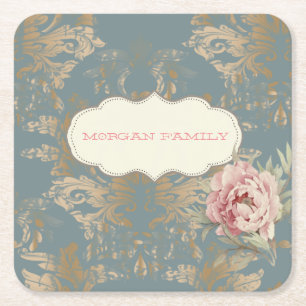 Porta-copo De Papel Quadrado Elegantes Rosas Damasco Douradas Chic
