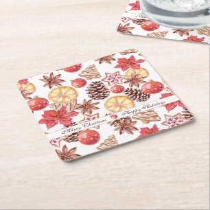 Porta-copo De Papel Quadrado Elemento de Natal de Aquarela Padrão Invisível