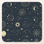 Porta-copo De Papel Quadrado Elementos místicos celestes do Sol e da Lua<br><div class="desc">Projetada para coordenar com nossa coleção mística celestial, esta porta copos única apresenta elementos celestes de ouro lindos sobre fundo escuro de marinho. Para personalização mais avançada deste design, por exemplo, alteração do layout, da fonte ou do tamanho do texto, clique no botão "PERSONALIZAR" acima. Por favor, entre em contato...</div>