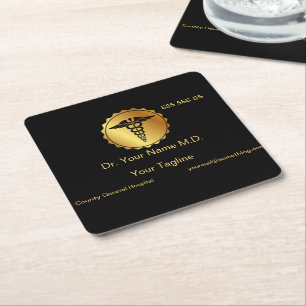 Porta-copo De Papel Quadrado Emblema de cirurgia médica Caduceu preto e dourado