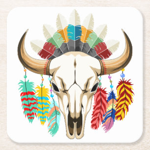Porta-copo De Papel Quadrado Emblema Nativo Americano de Crânio de Búfalo