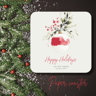 Porta-copo De Papel Quadrado Enfeite de Natal em Aquarela com Nome Personalizad