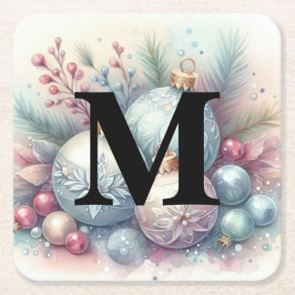 Porta-copo De Papel Quadrado Enfeites de árvore de Natal com monograma aquarela
