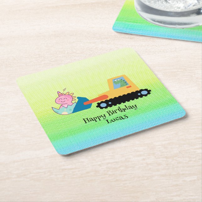 Porta-copo De Papel Quadrado Engraçado dinossauro trator Festa de aniversário D (Inclinado)